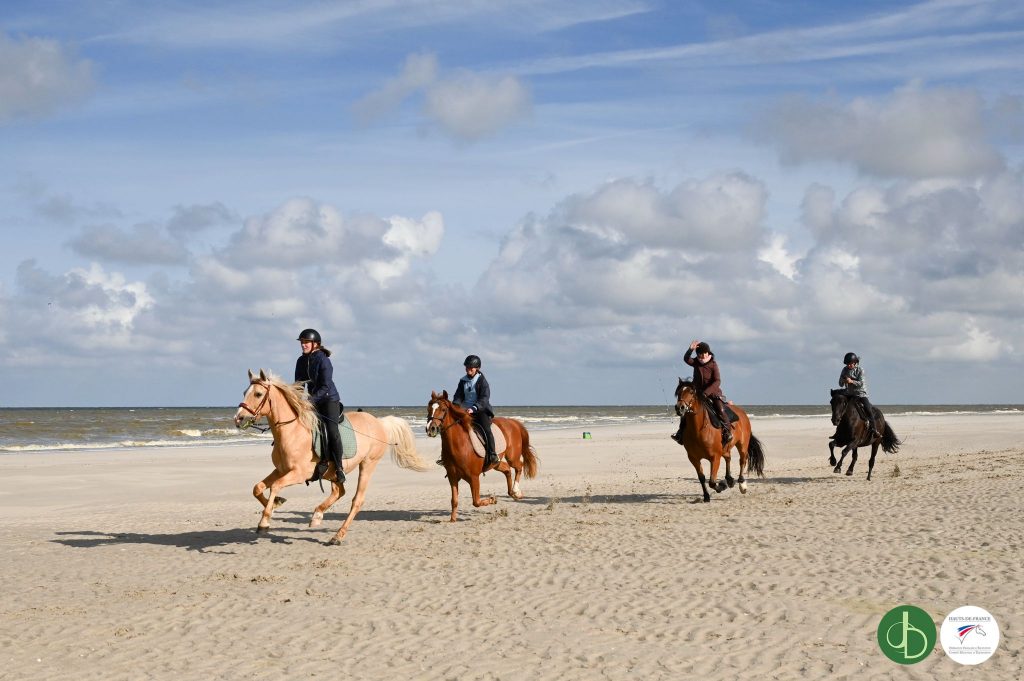 Photo de 4 chevaux avec des cavaliers galopant sur la plage